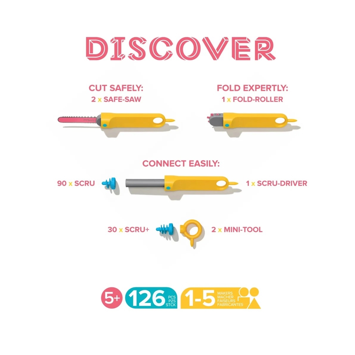 Zestaw narzędzi do konstruowania DIY Makedo - Discover 126 el.